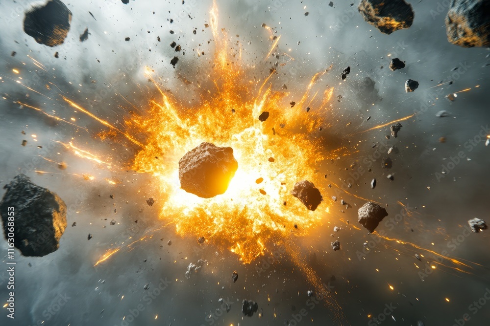 Poster asteroids colliding with fiery explosions on a white background a stunning visual display
