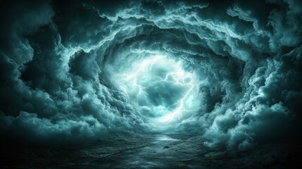 Dramatic swirling storm clouds over dark ocean with lightning.