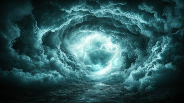 Dramatic swirling storm clouds over dark ocean with lightning. - Powered by Adobe