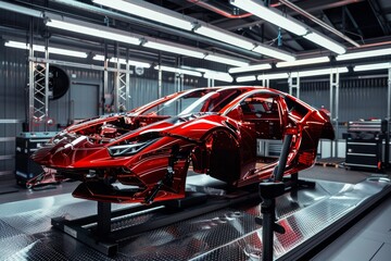 Modern car manufacturing  assembly line production and high tech quality checks before painting