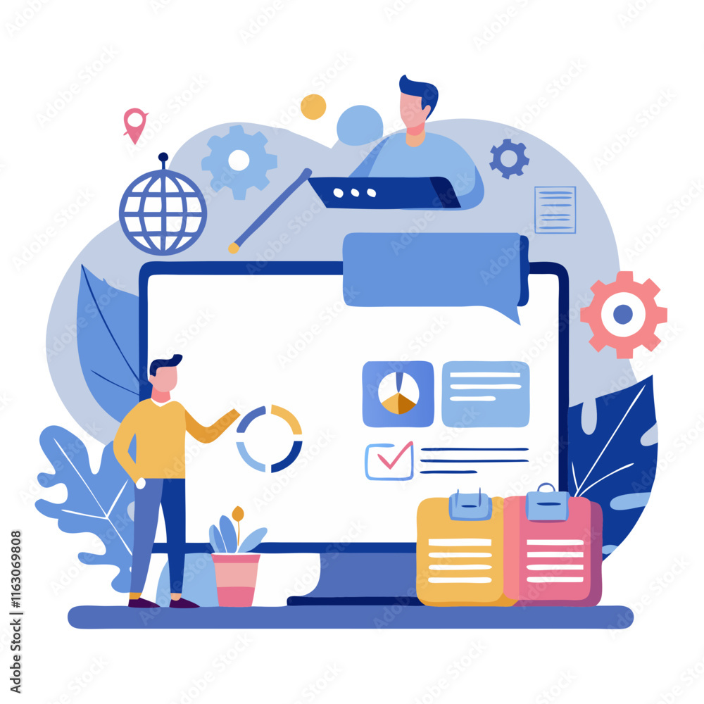 Poster website consulting process with digital tools and data visualization for effective online strategies