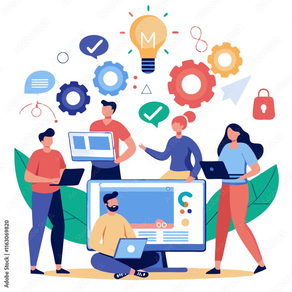Aufkleber team collaborates using digital tools for innovative brainstorming session at creative workspace