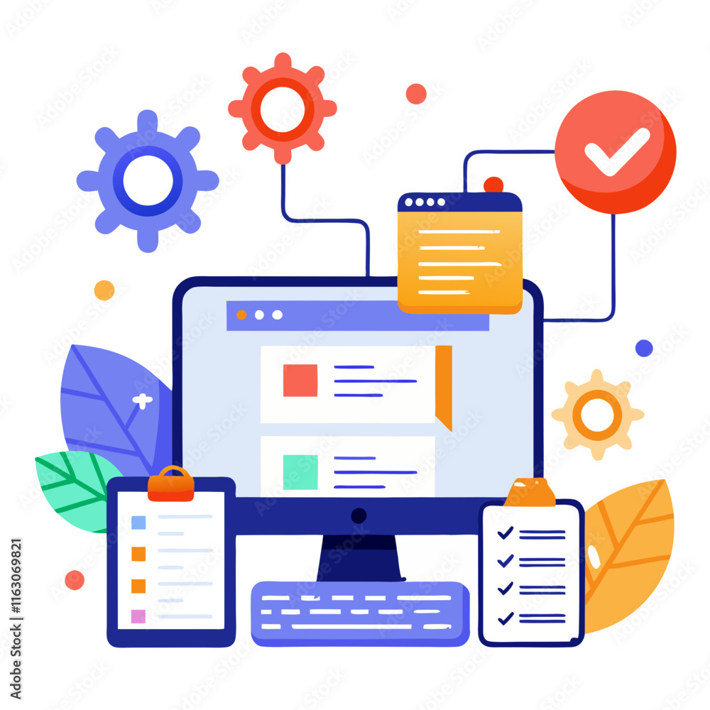 Poster Web page programming concepts illustrated with computer, gears, and checklists in a colorful design