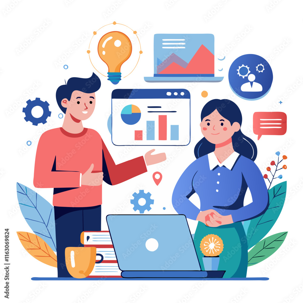 Poster website consulting with a focus on strategic planning and data analysis illustrated in a vibrant wor