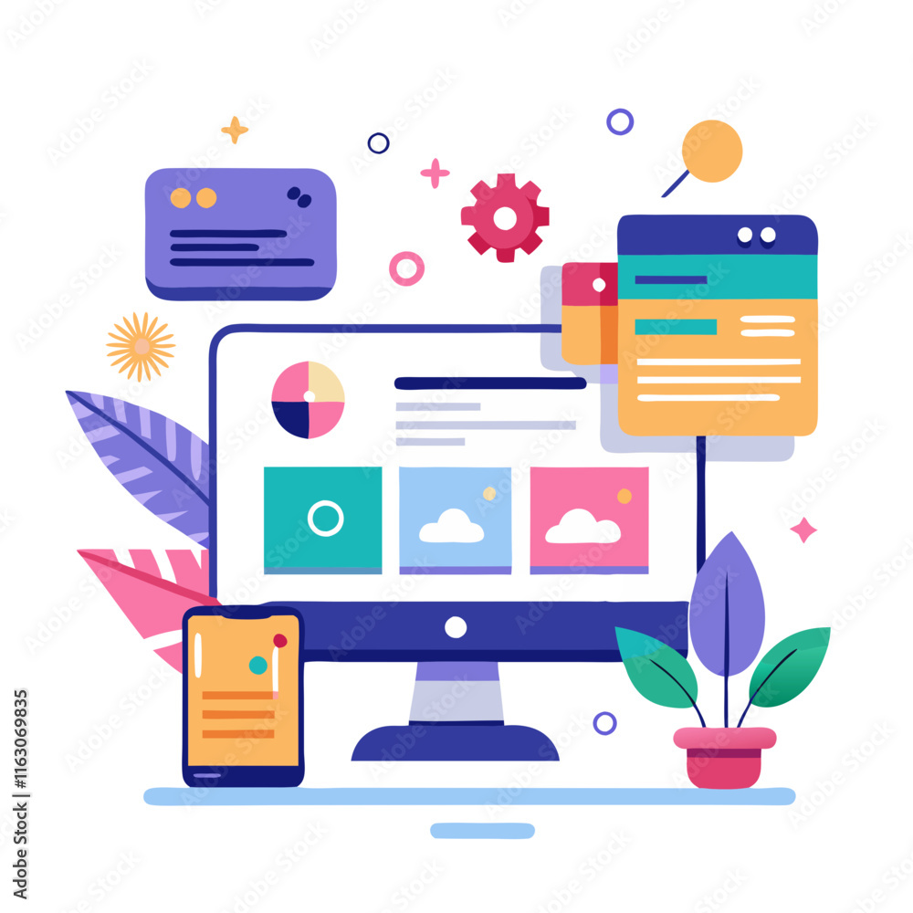 Poster Creative website design concept featuring colorful graphics and responsive layout elements on desktop and mobile devices