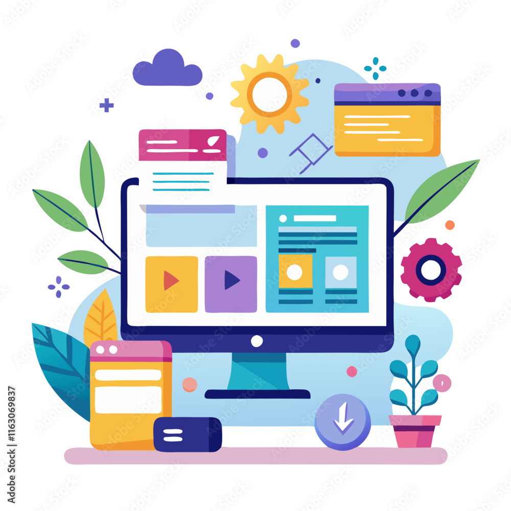 Poster Designing an engaging website interface with vibrant colors and interactive elements in a modern workspace