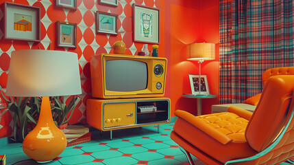 Retro Living Room Illustration with Vintage TV and Bold Colorful Decor