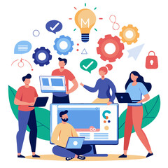 Team collaborates using digital tools for innovative brainstorming session at creative workspace