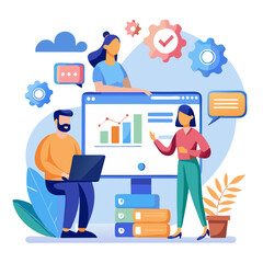 Consulting professionals collaborating on digital marketing strategies while analyzing data in a modern office setting