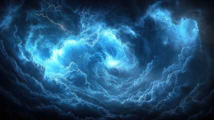 Dramatic swirling blue storm clouds with lightning.