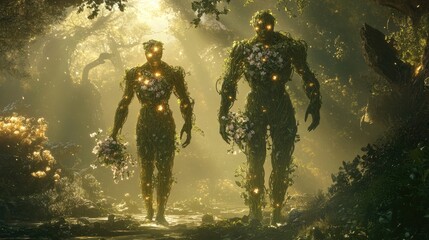 Fototapeta premium Two ethereal figures made of plants and flowers walk through a luminous forest.