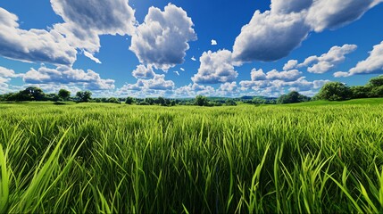 Obraz premium landscape with grass and blue cloudy sky