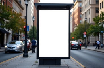 Blank white vertical digital billboard poster on spring city street bus stop sign at night. Street advertising bus stop mockup 