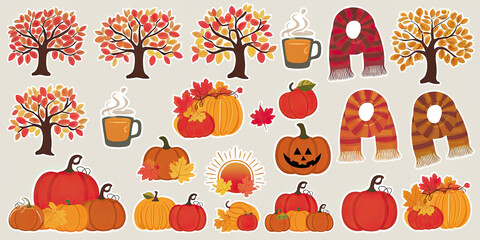 Autumn Harvest Pumpkins Trees Scarves Hot Drinks Stickers
