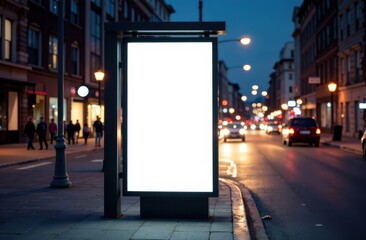 Blank white vertical digital billboard poster on spring city street bus stop sign at night. Street advertising bus stop mockup 