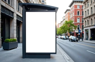 Blank white vertical digital billboard poster on spring city street bus stop sign at night. Street advertising bus stop mockup  © Svetlana