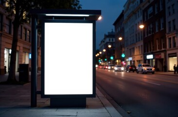 Blank white vertical digital billboard poster on spring city street bus stop sign at night. Street advertising bus stop mockup 