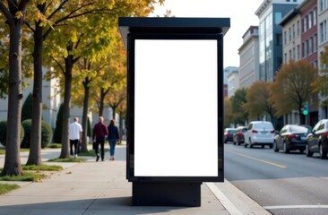 Blank white vertical digital billboard poster on spring city street bus stop sign at night. Street advertising bus stop mockup 