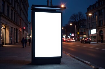 Blank white vertical digital billboard poster on spring city street bus stop sign at night. Street advertising bus stop mockup 