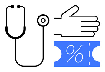 Stethoscope symbolizing healthcare support, extended hand representing assistance, and blue discount ticket with percentage sign. Ideal for healthcare, assistance, medical support, discounts