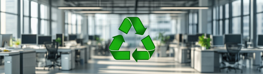 Obraz premium Recycling symbol in an office environment symbolises a sustainable working environment, created with generative AI technology