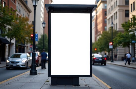 Blank white vertical digital billboard poster on spring city street bus stop sign at night. Street advertising bus stop mockup  - Powered by Adobe