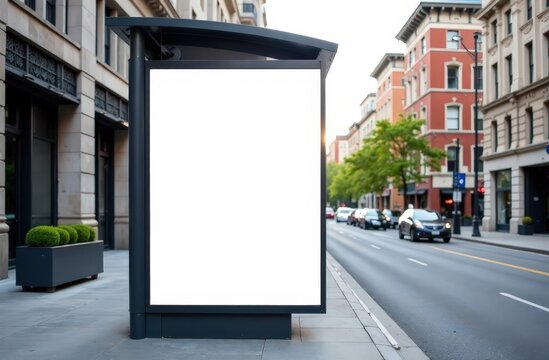 Blank white vertical digital billboard poster on spring city street bus stop sign at night. Street advertising bus stop mockup 