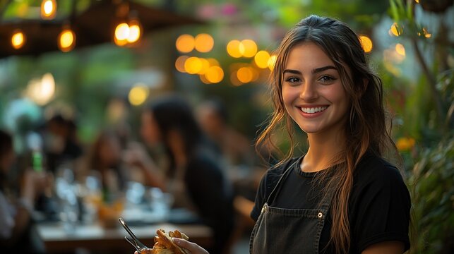 Smiling waitress holds food in outdoor restaurant setting