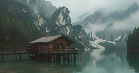 Fototapeta premium Cozy wooden cabin by the serene lake surrounded by majestic mountains and misty atmosphere in early morning light