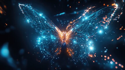 A digital butterfly composed of glowing particles and light effects.