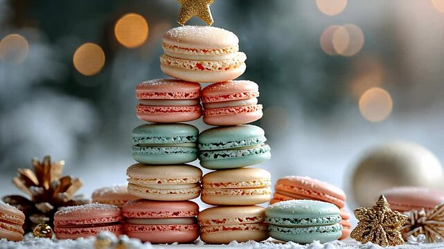 Christmas tree made of colorful macarons on a festive background.