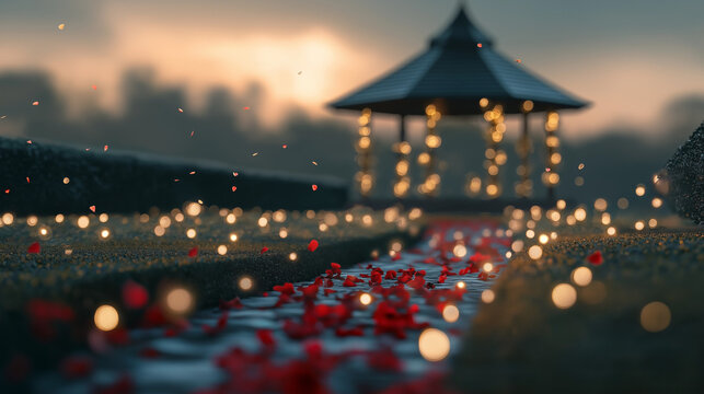 Romantic gazebo path, petals and lights