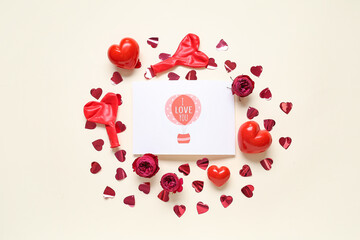 Card with text I LOVE YOU, red roses and hearts on light background. Valentines Day celebration