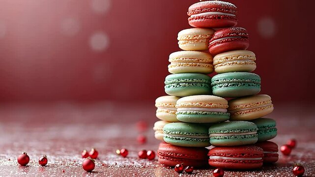 A Christmas tree made of colorful macarons on a red background.