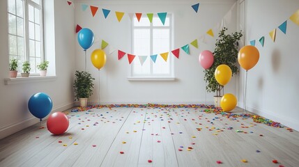 Festive room decorated for a birthday party with colorful balloons and confetti.
