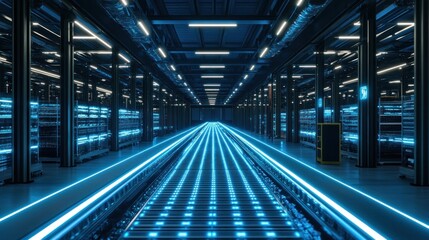 Fototapeta premium A futuristic and modern server room with glowing blue lights illuminating the walkway.