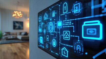 Smart Home Interface Displaying Digital Icons for Modern Living Room Automation and Security Control