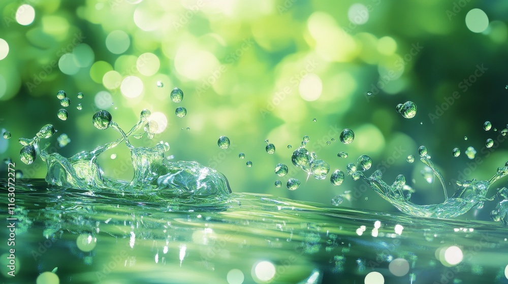 Poster dynamic close up of water droplets splashing on reflective surface with vibrant nature backdrop