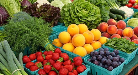 A vibrant farmer&rsquo;s market stall filled with fresh vegetables, fruits, and herbs in natural light