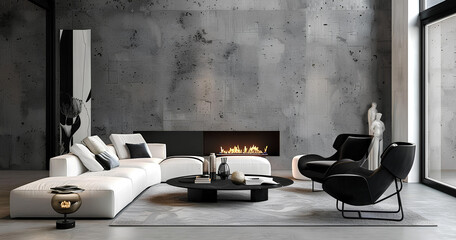 Modern minimalist living room with sleek furniture and elegant fireplace in a contemporary urban setting