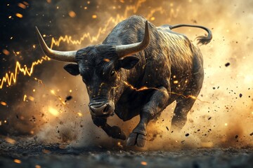 Dynamic bull charging with strength amidst financial growth and energetic atmosphere