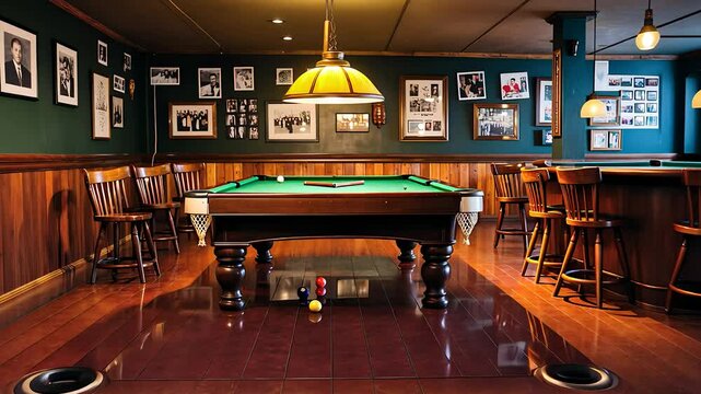 Interior of a Cozy Billiard Room with Pool Table, Wooden Bar Stools, and Vintage Photographs

