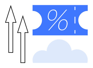 Blue discount coupon featuring a percentage and dotted line, two black upward arrows, and a light blue cloud. Ideal for sales promotions, financial growth, savings, marketing strategies, economic