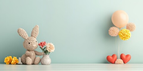 Beautiful easter,Baby cute bunnies holding flowers and hearts ballon with blue blackground