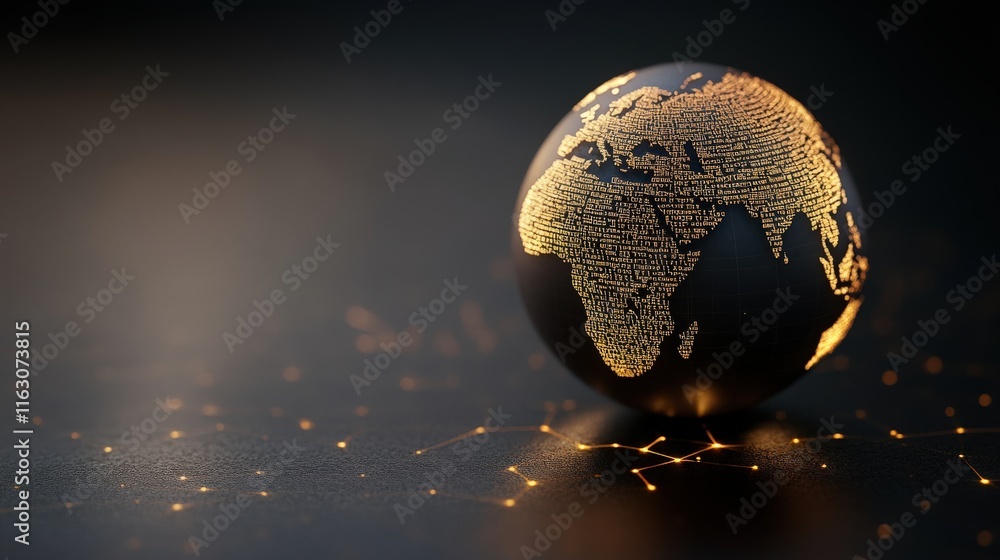 Poster Elegant Black and Gold Globe with Illuminated Map of Africa and Connecting Lines Representing Global Connectivity and Modern Technology Concepts