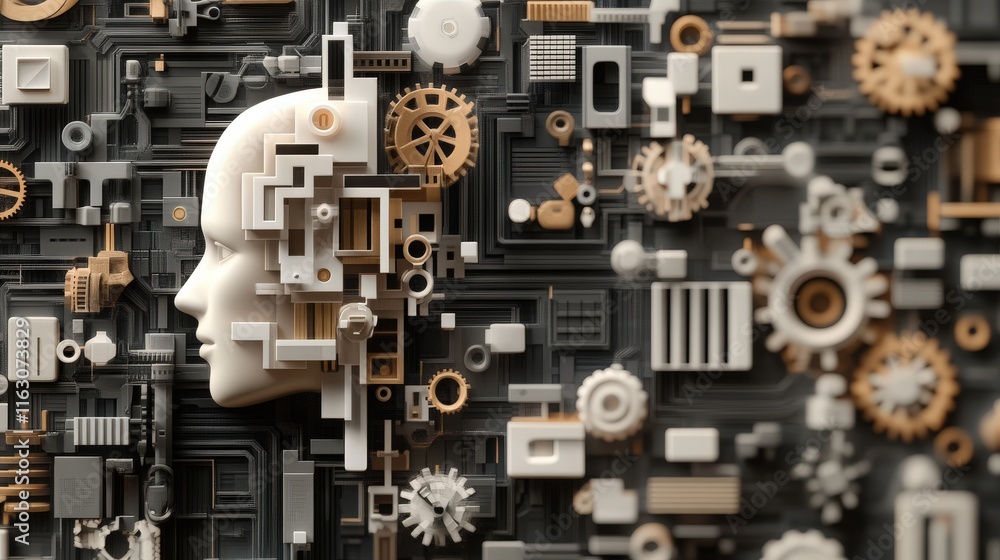 Aufkleber abstract representation of human head and geometric shapes merging with mechanical elements in a fut