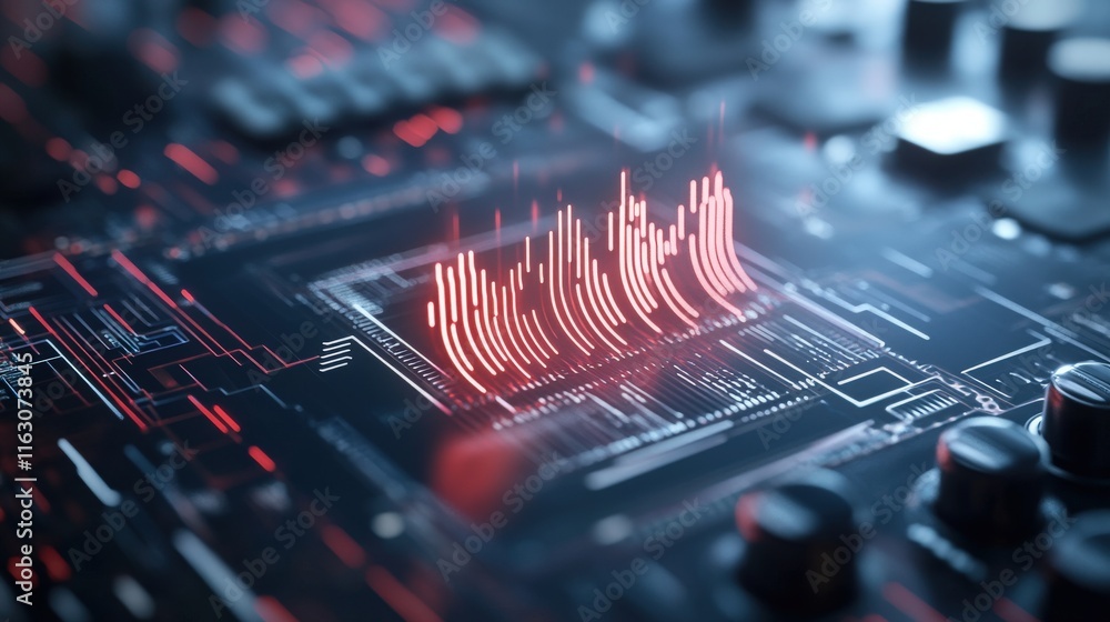Fototapete Abstract visualization of digital technology patterns with vibrant red sound waves on a futuristic circuit board, symbolizing innovation and data processing in modern electronics.