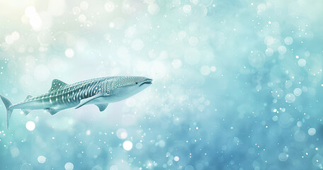 Whale shark gracefully swimming through a shimmering blue ocean under soft light, capturing the beauty of marine life at depth