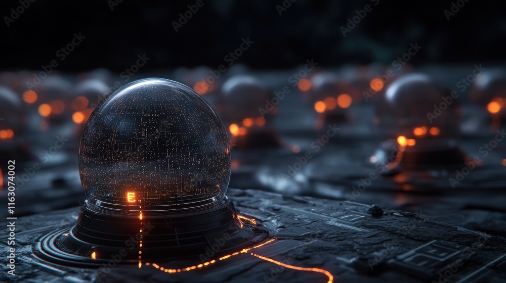 Aufkleber futuristic technology scene with glowing orbs and digital patterns on a dark surface, showcasing neo