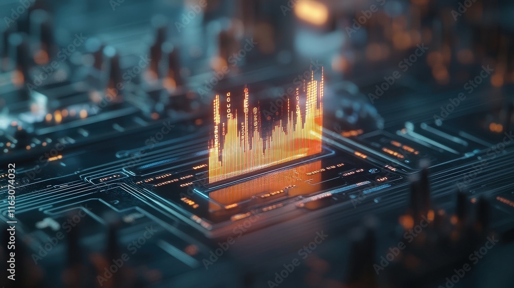Poster Futuristic Data Visualization on Circuit Board with Glowing Graphs and Metrics Showcasing Technology and Innovation in Digital Communication and Information Processing